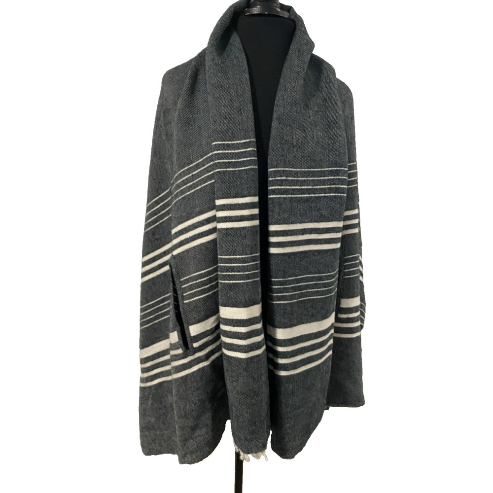 Gray Oversize Wrap Scarf with Arm Holes White Stripe Fringe Poncho Kimono Boho